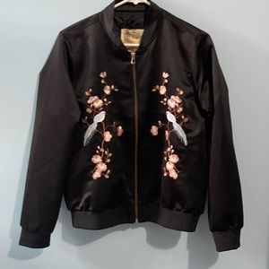 Satiny Soft Bomber Jacket Bird & Flower Embroidery by Ci Sono Originals M EUC